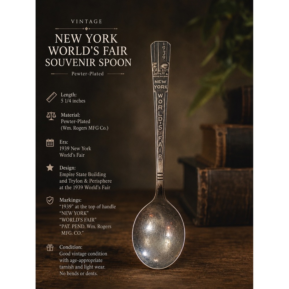 VTG 1939 New York Worlds Fair Souvenir Spoon Wm Rogers Pewter Plated Art Deco